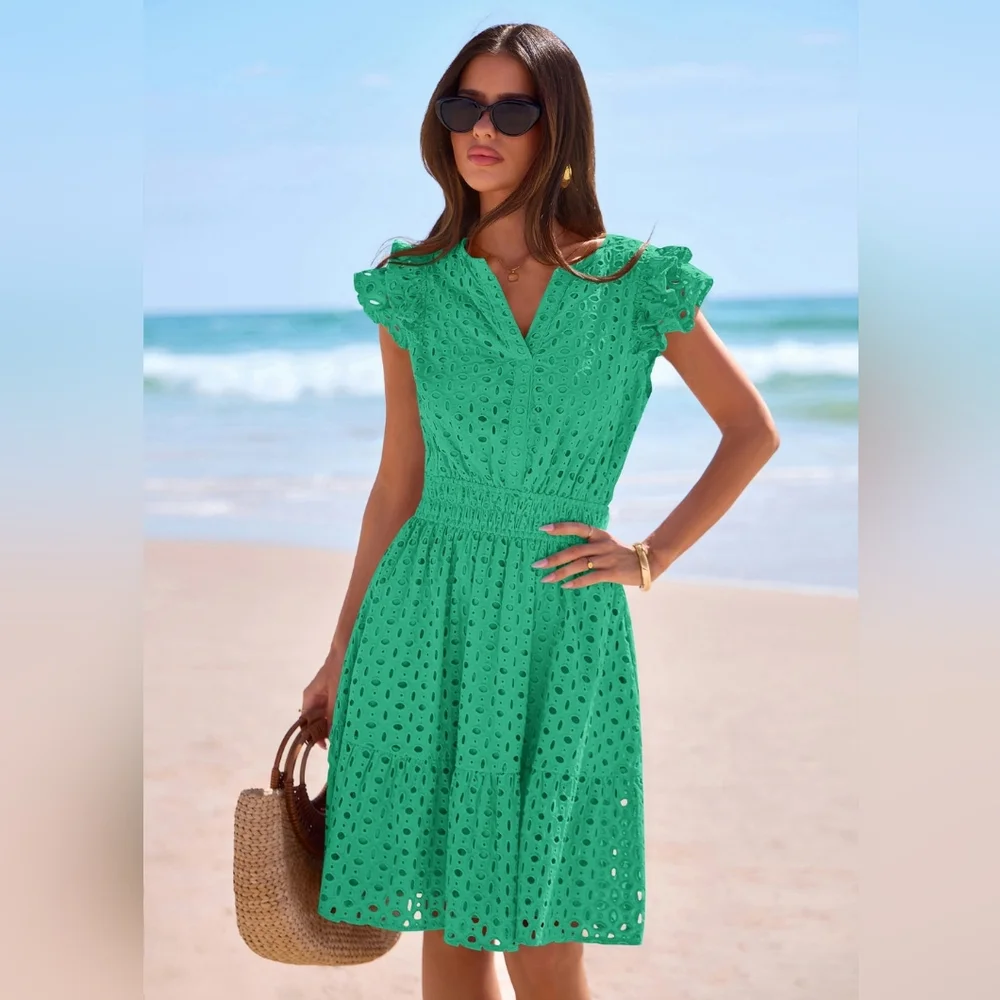 PRETTYGARDEN Women's Summer Sundresses Eyelet Cap Sleeve V Neck Short Boho Dress - Picture 1 of 8